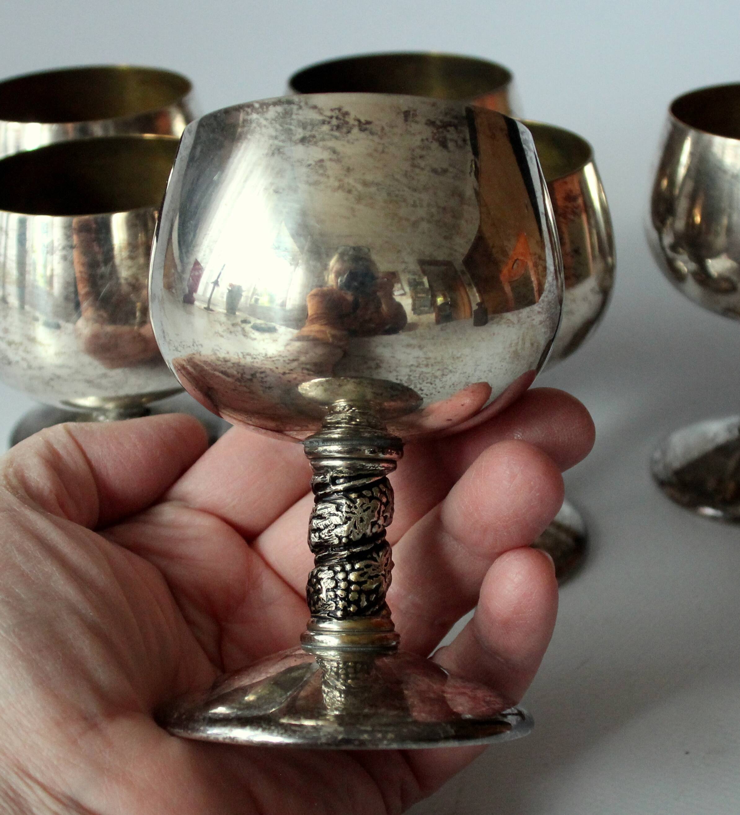 6 Art Deco wine or sherry glasses made of electro silver plated brass