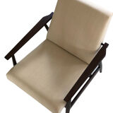Mid-century beige linen armchair with a stool by Henryk lis, 1960s, set of 2