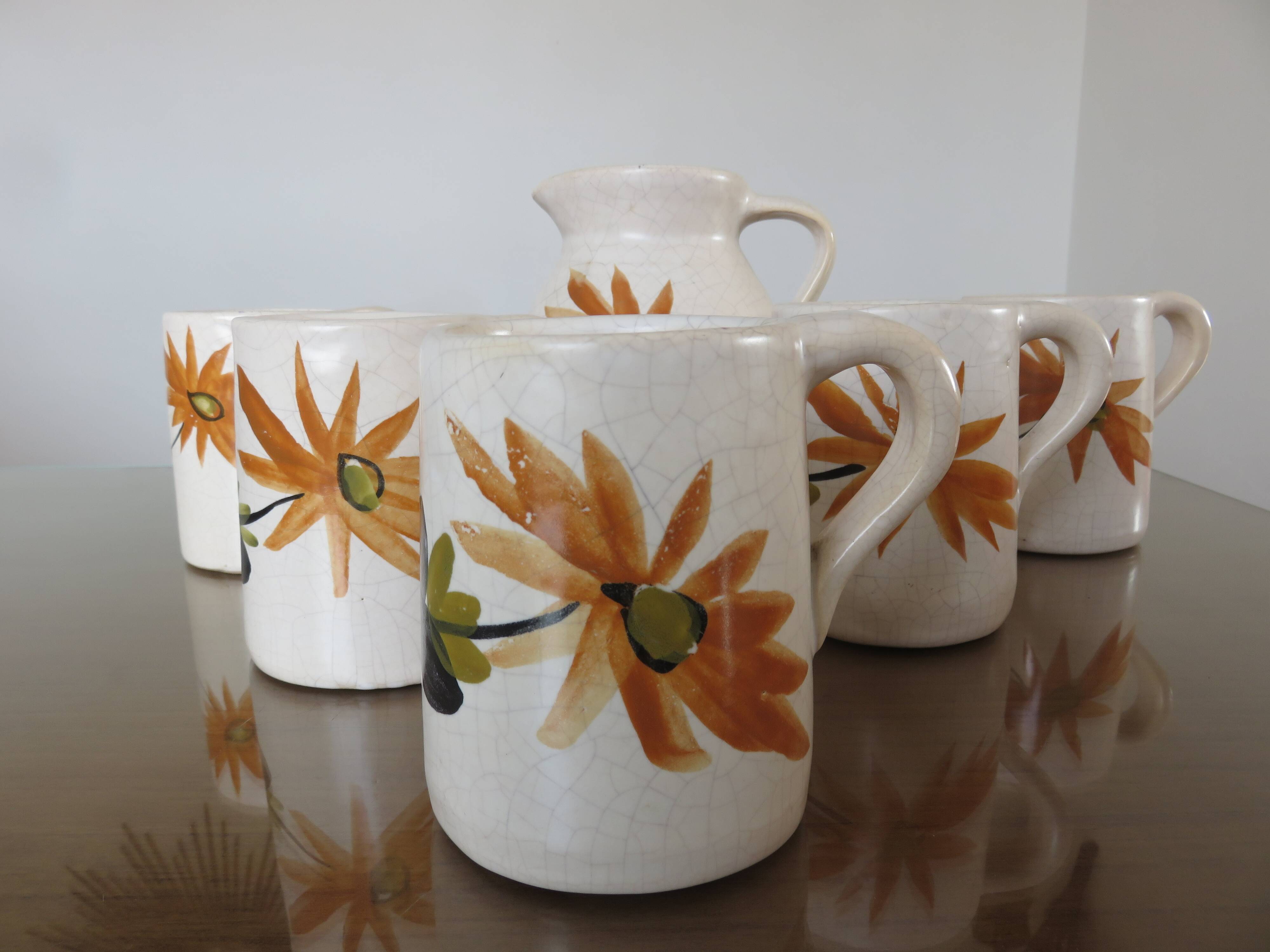 Ceramic cracked orangeade service, floral pattern from the 60s.