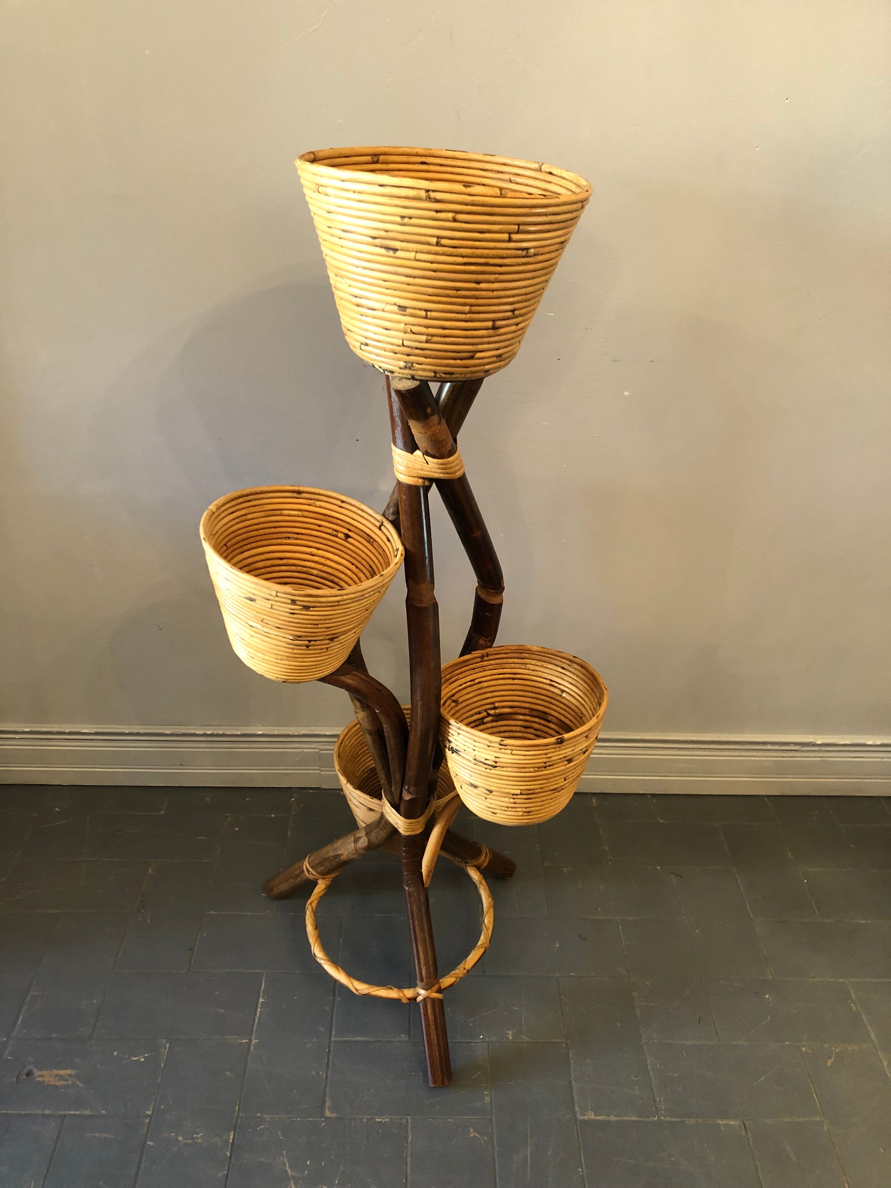 Vintage bamboo and rattan plant holder