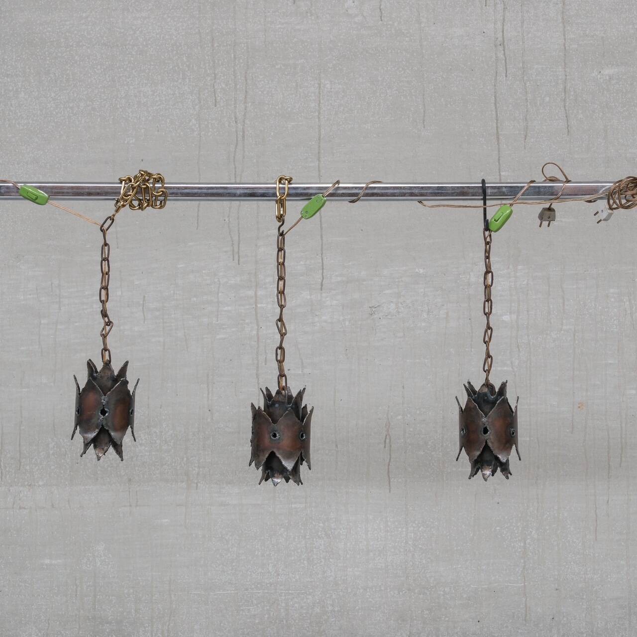 Trio of Unusual Brutalist Late 20th Swedish Pendant Lights