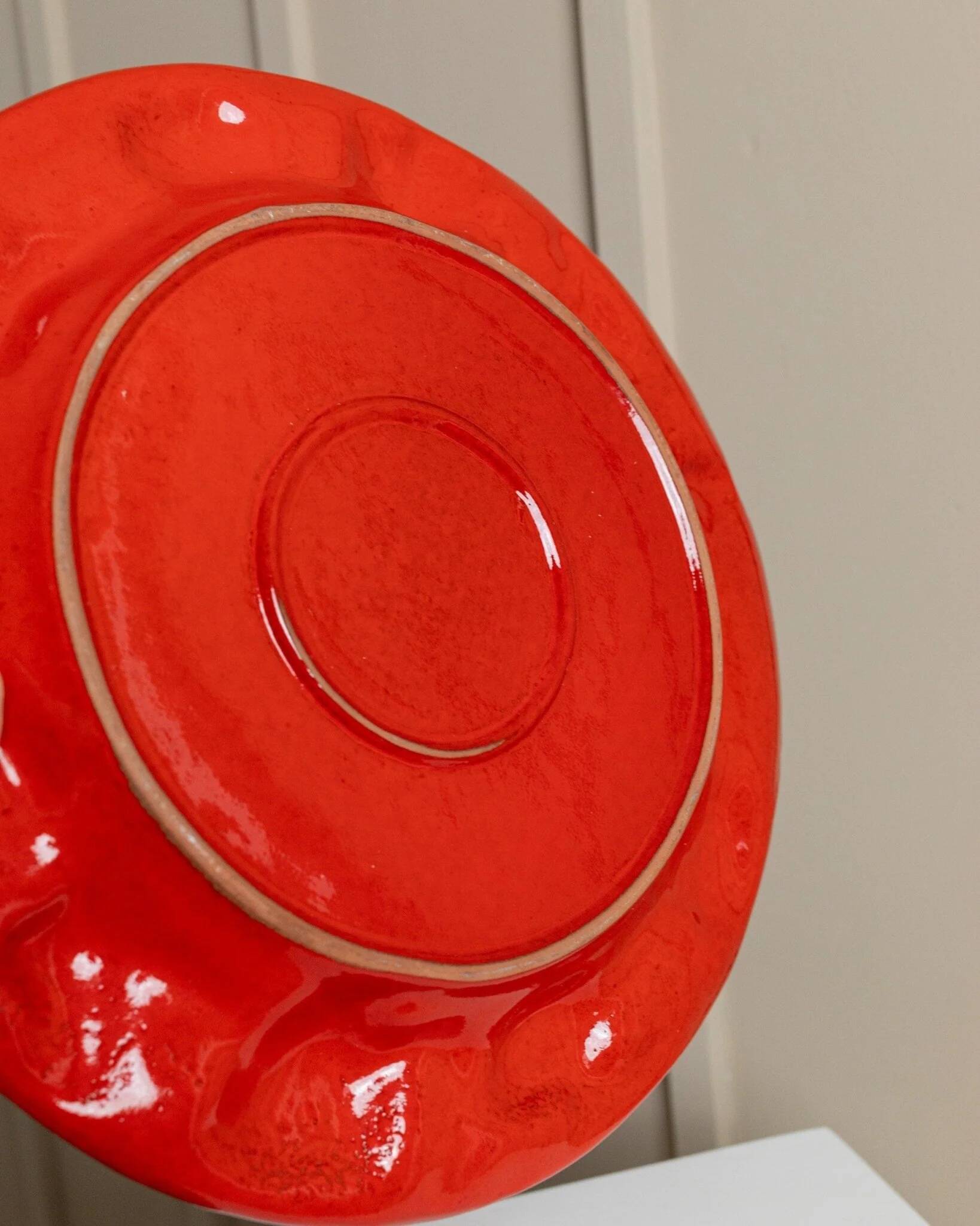 Red glazed ceramic fruit platter with three-dimensional fruit relief, vintage Italy 1980s, Mid-Century design