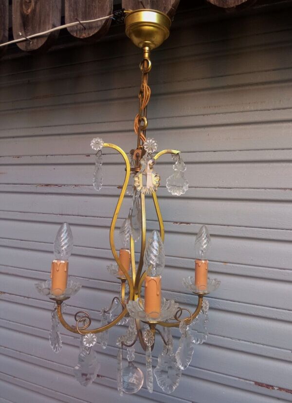 Ancien lustre cage 4 feux à pampilles de cristal