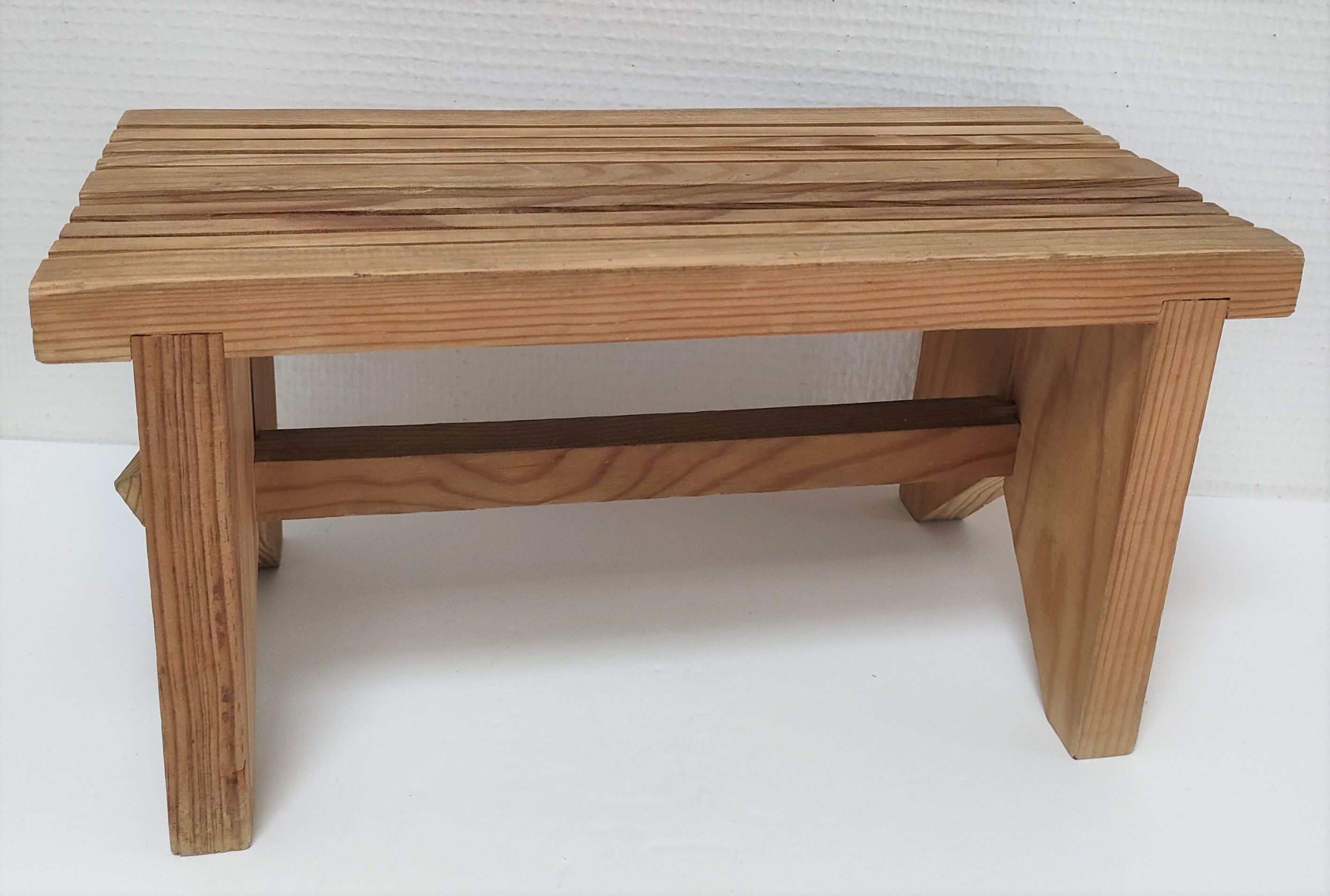 Vintage solid pine slatted low stool