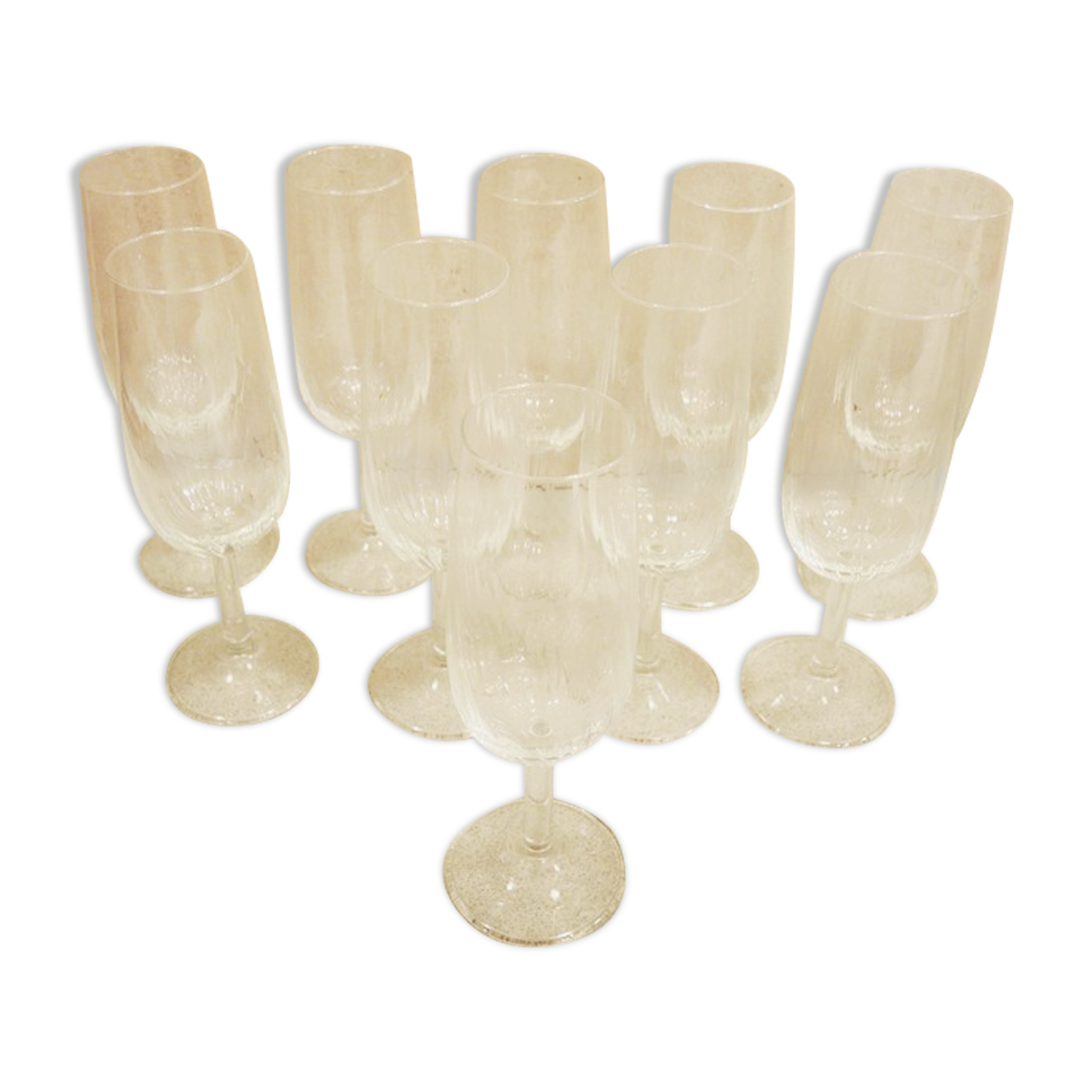 10 anciennes flutes à champagne en verre transparent