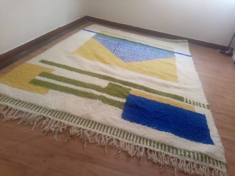 Tapis berbère tissé - motif bleu et jaune - tapis marocain fait main - 300x210 cm