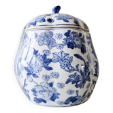 Large vintage Chinese handcrafted glazed ceramic pot with blue flower pattern