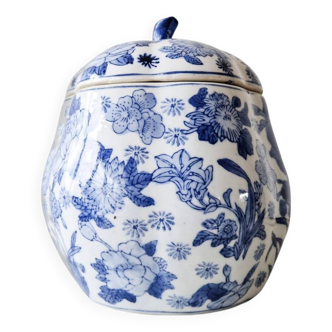 Large vintage Chinese handcrafted glazed ceramic pot with blue flower pattern