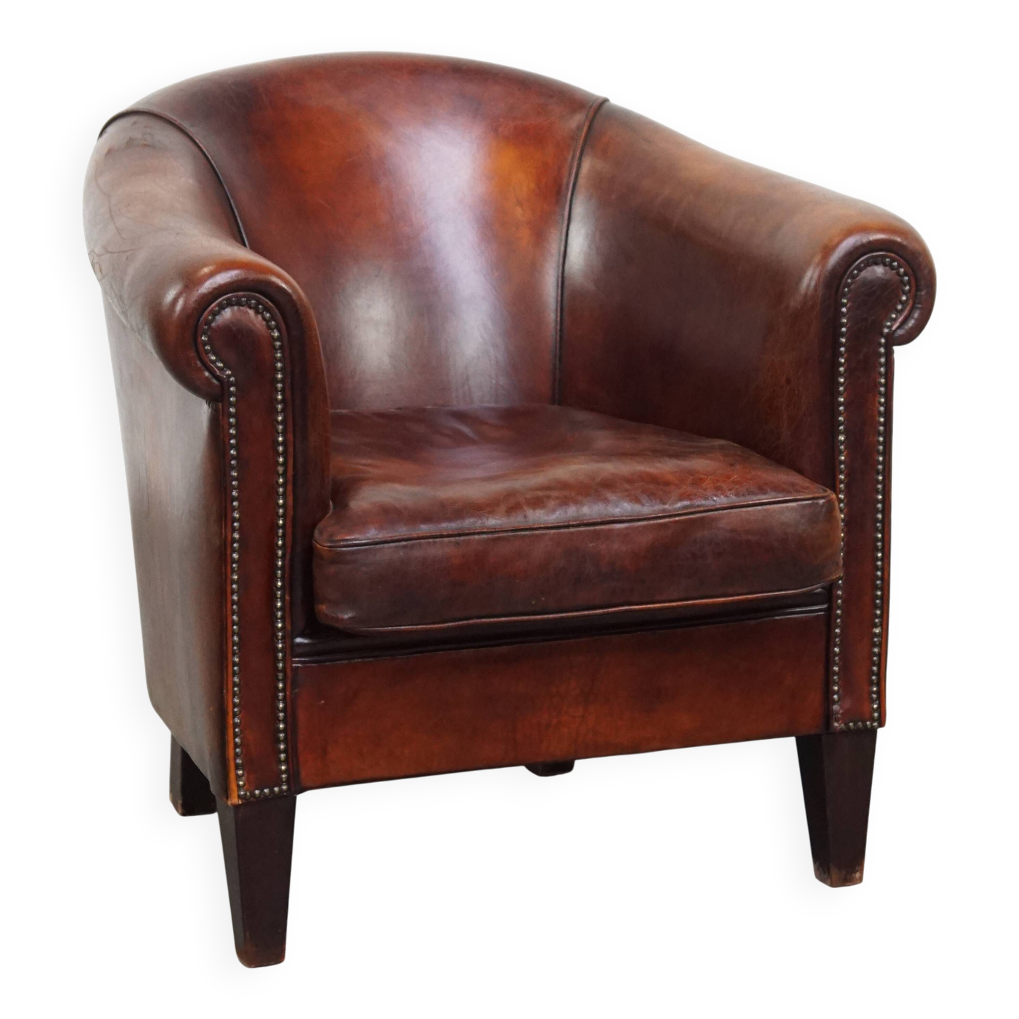 Sheepskin Leather Club Chair in a Cognac Tone