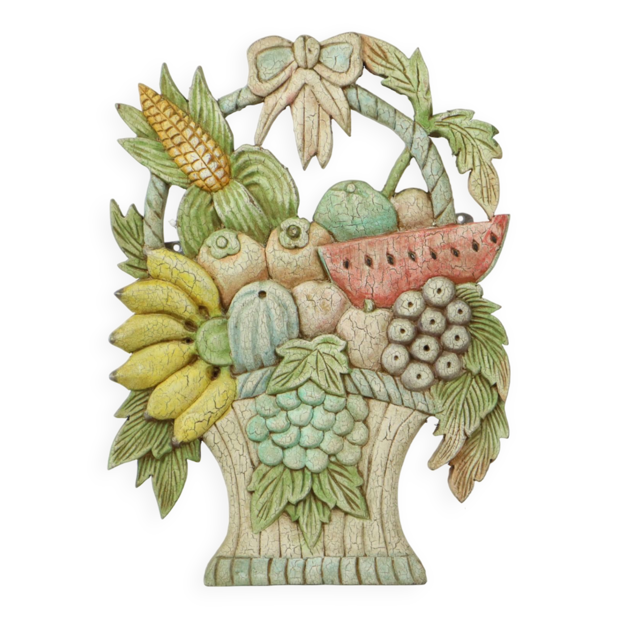 Vintage Fruit Basket with Bow Wood Carving Hand Painted Crackle Wall Decoration 41cm