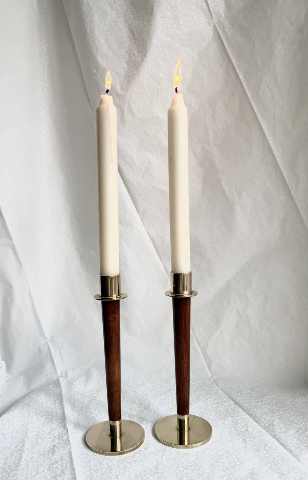 Pair of Danish Art Deco Candle Holders  in Wood & Brass
