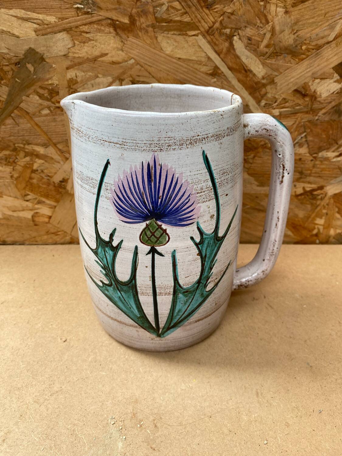 Antique vallauris ceramic pitcher with vintage blue thistle decor