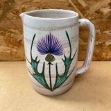 Antique vallauris ceramic pitcher with vintage blue thistle decor