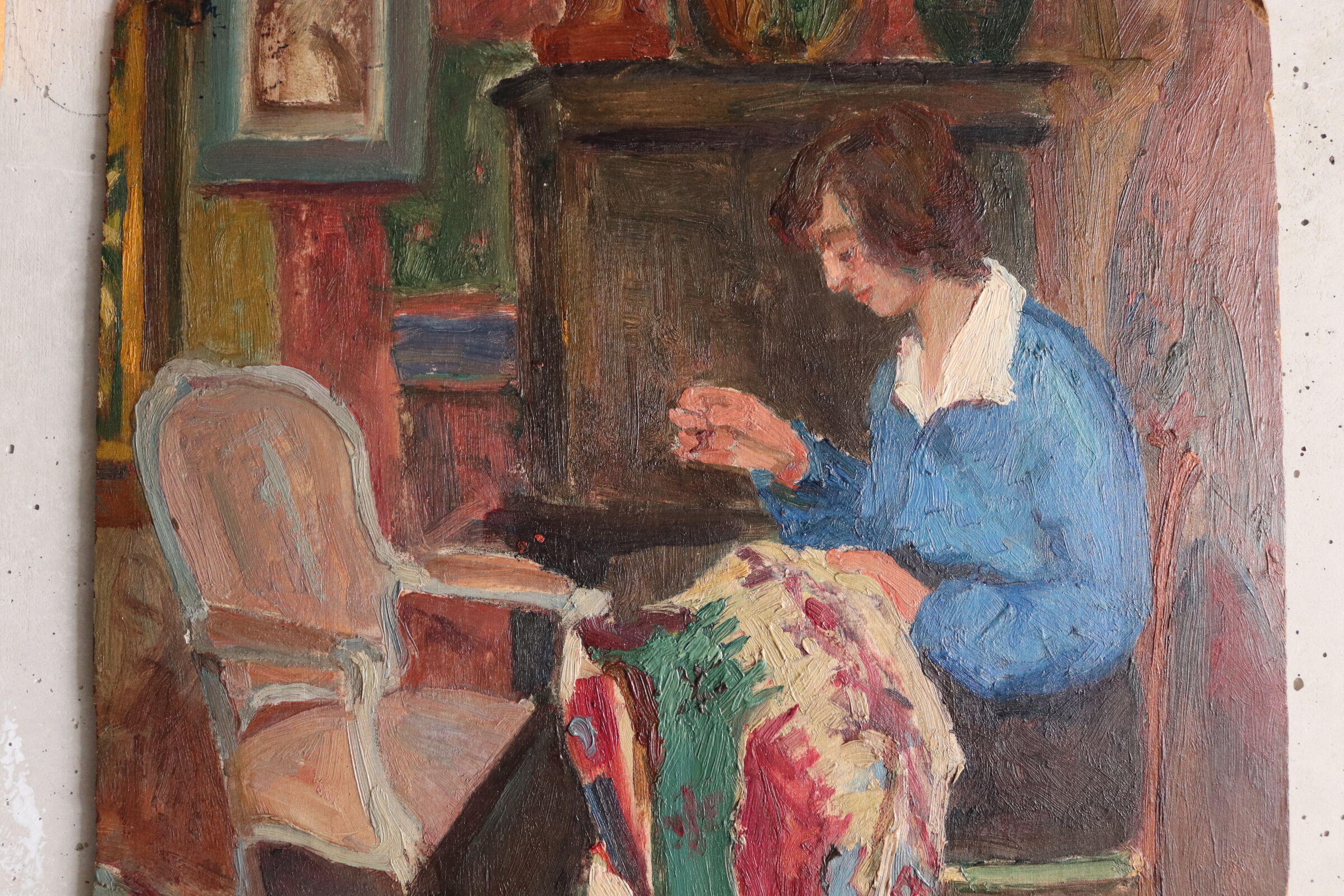 Oil on panel woman weaver