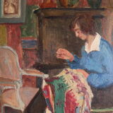 Oil on panel woman weaver