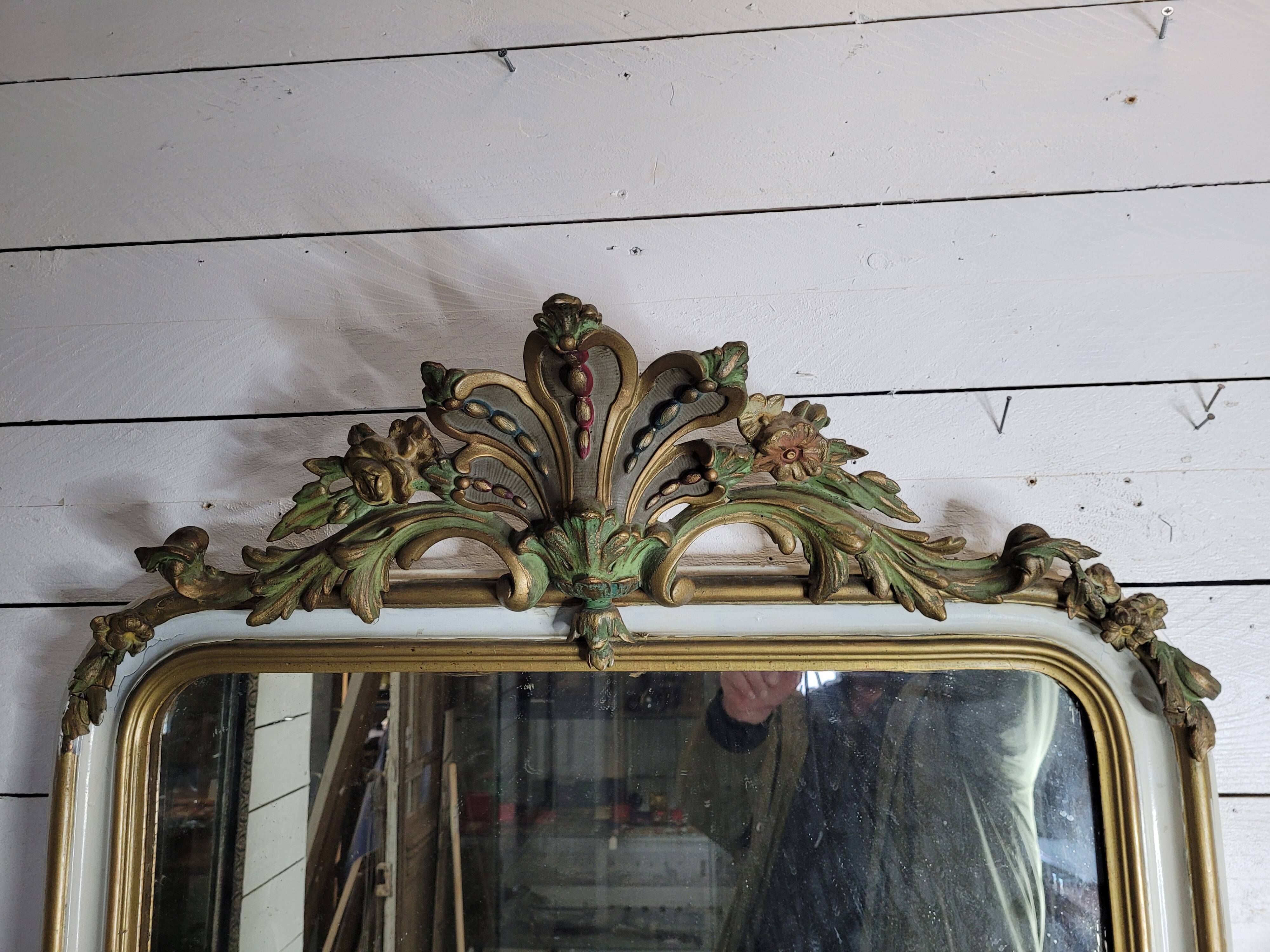 Old Louis XV style mirror with gold and white patina, 145×82cms