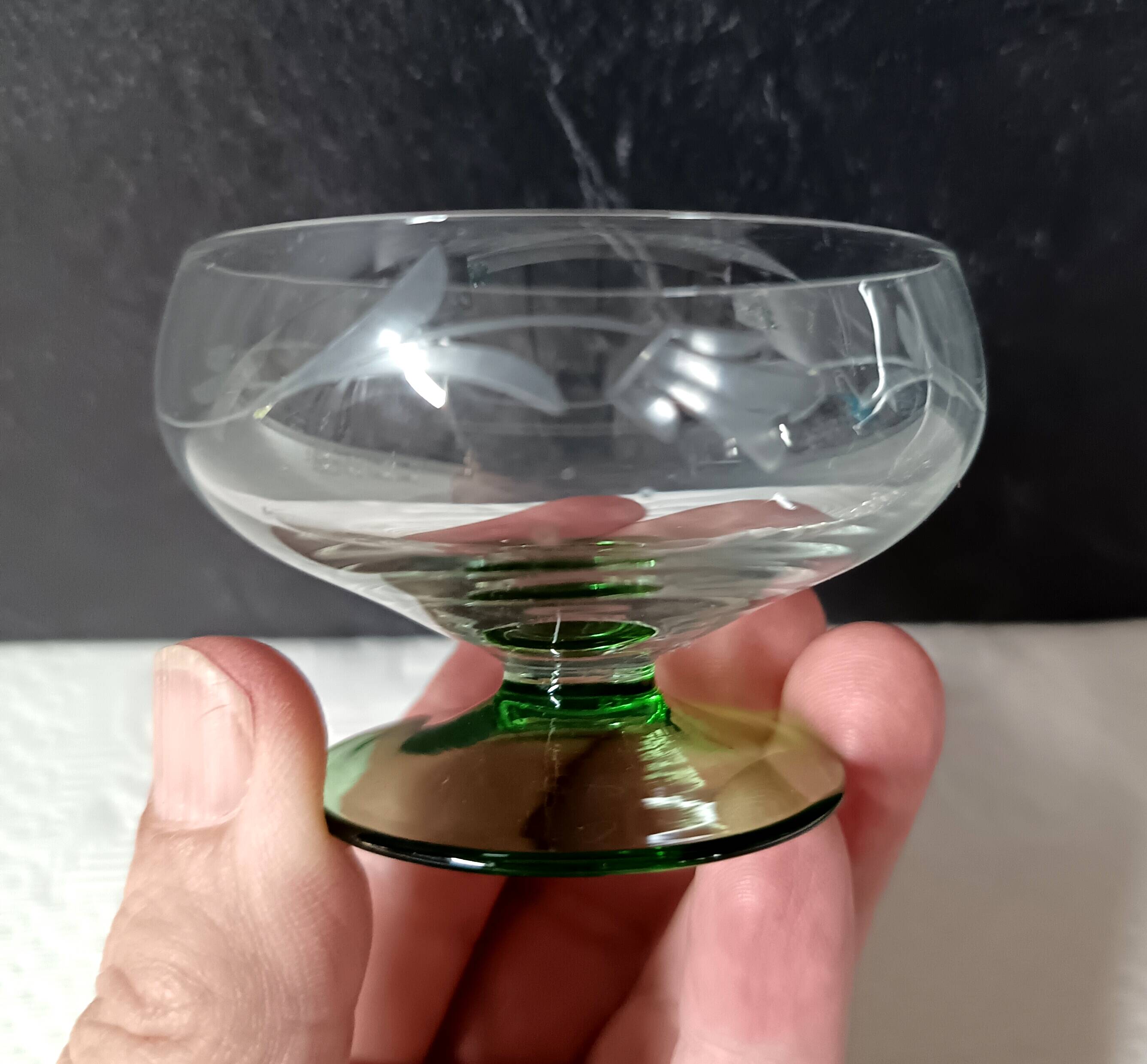 6 superb antique liqueur glasses on green stems, vintage cut glass