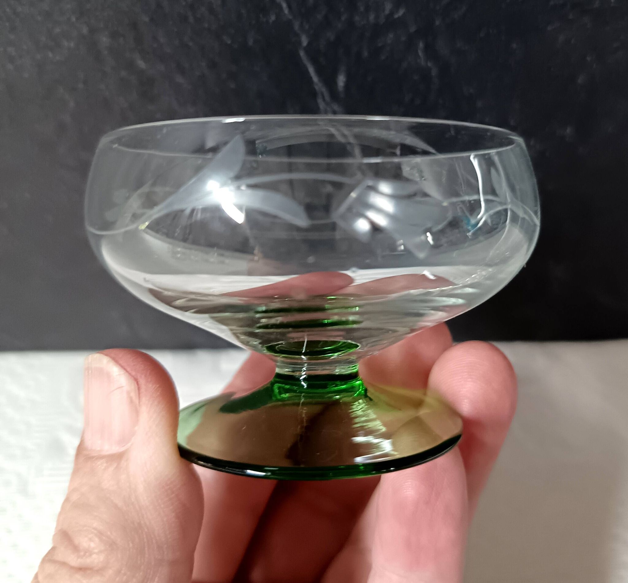6 superb antique liqueur glasses on green stems, vintage cut glass
