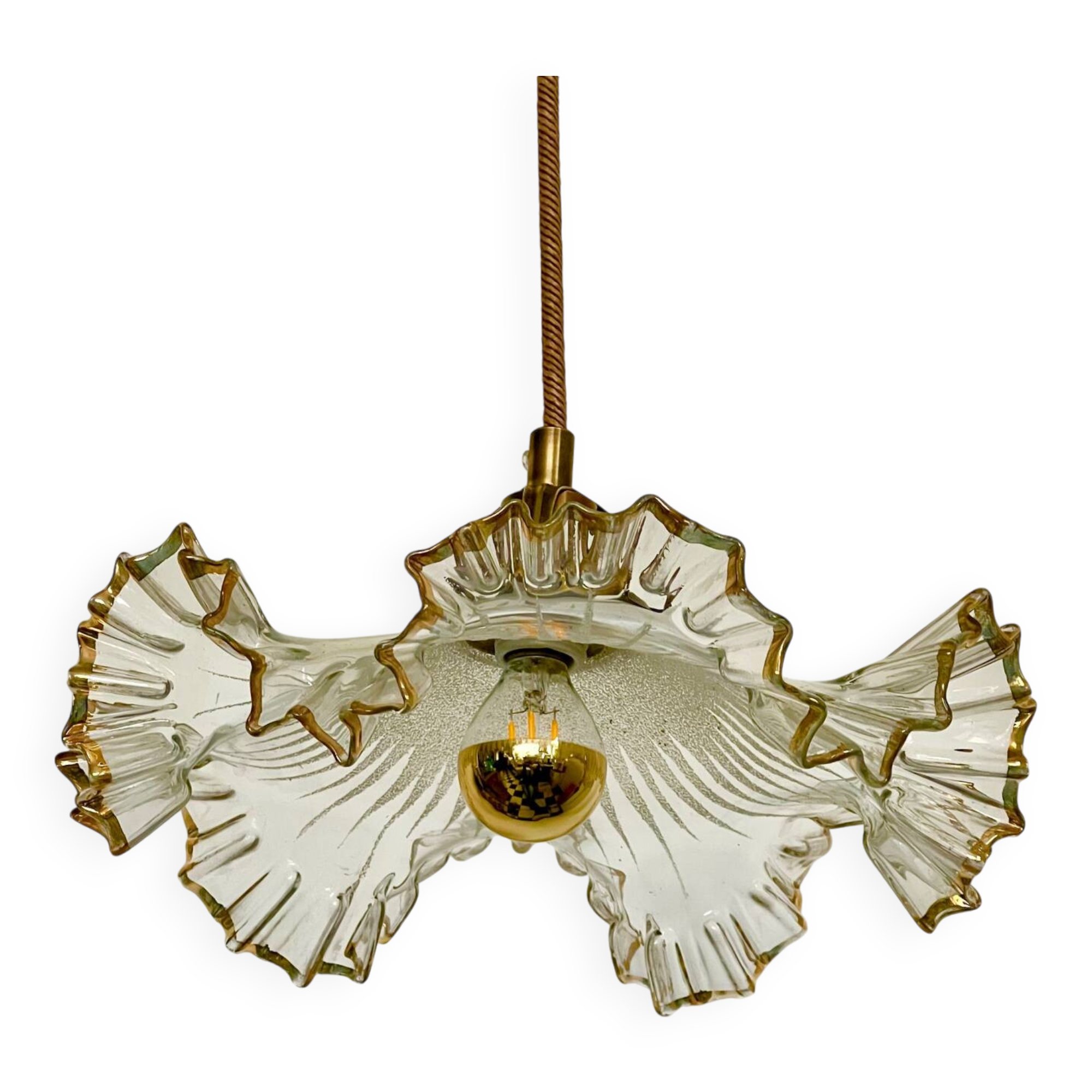 Glass and gilded pendant light with pleated edges