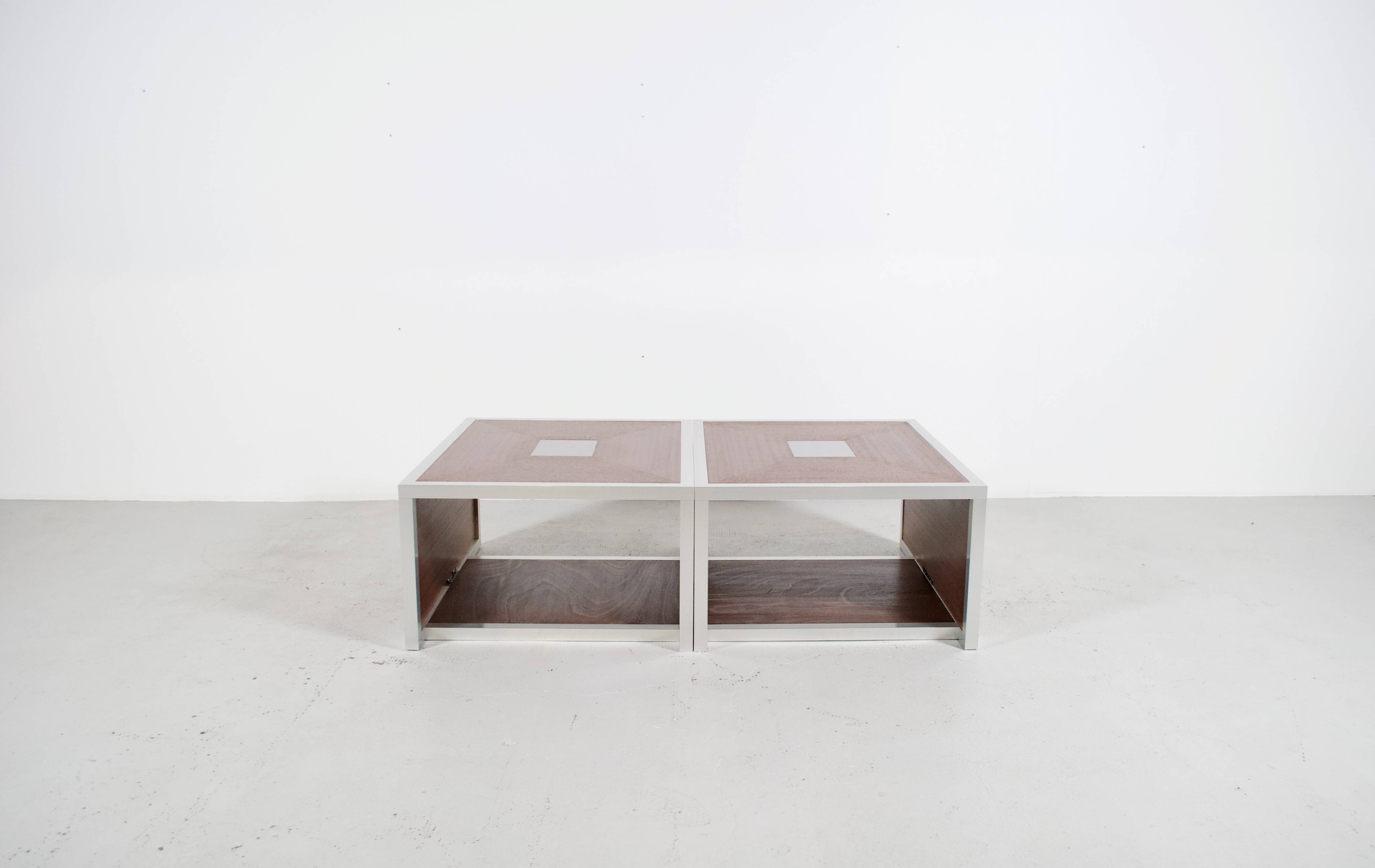 Pair of 70's aluminum and mahogany coffee/sofa end tables