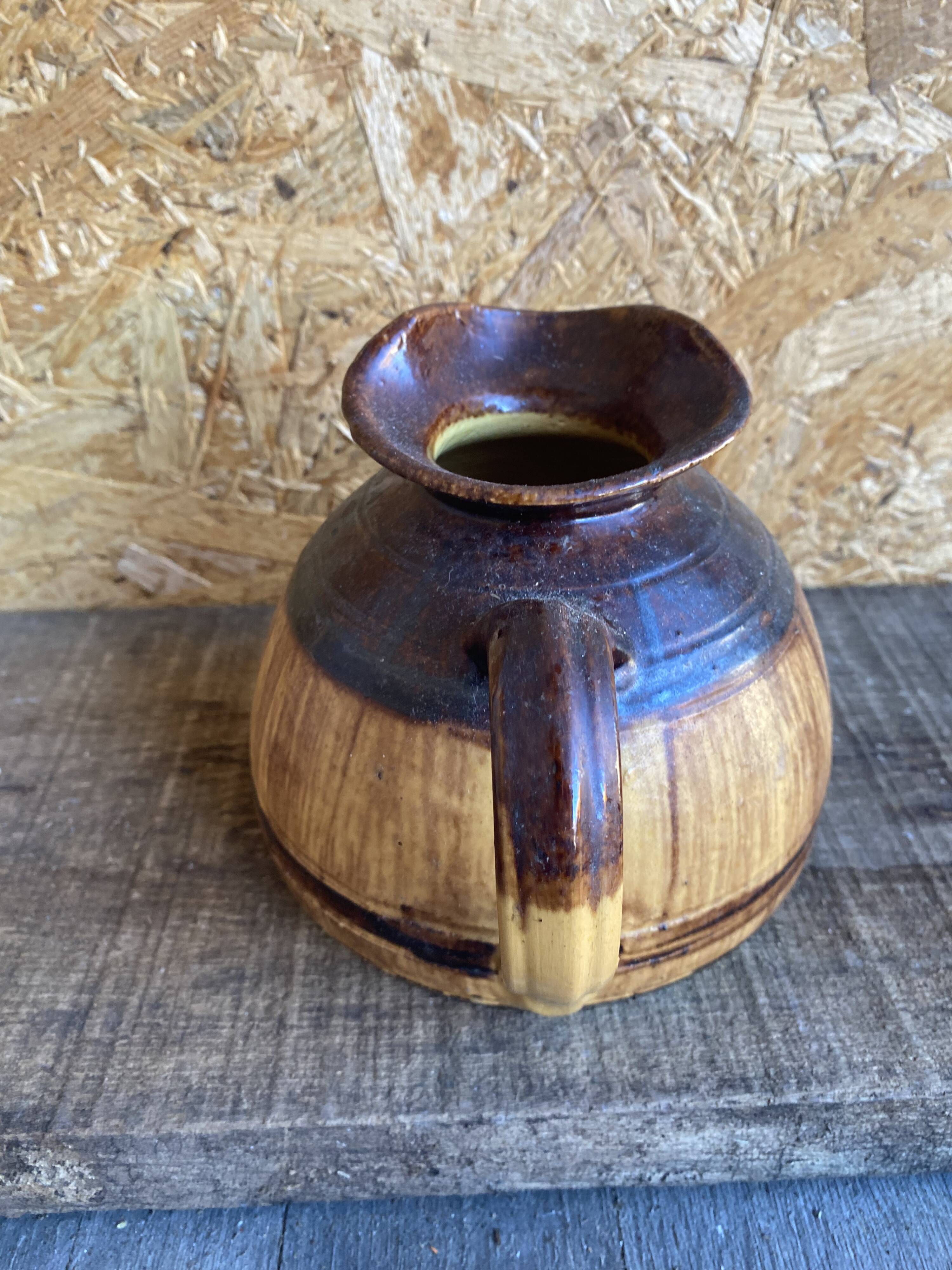 Old Terracotta Pitcher Barrel Shape Vintage Kitchen #D972