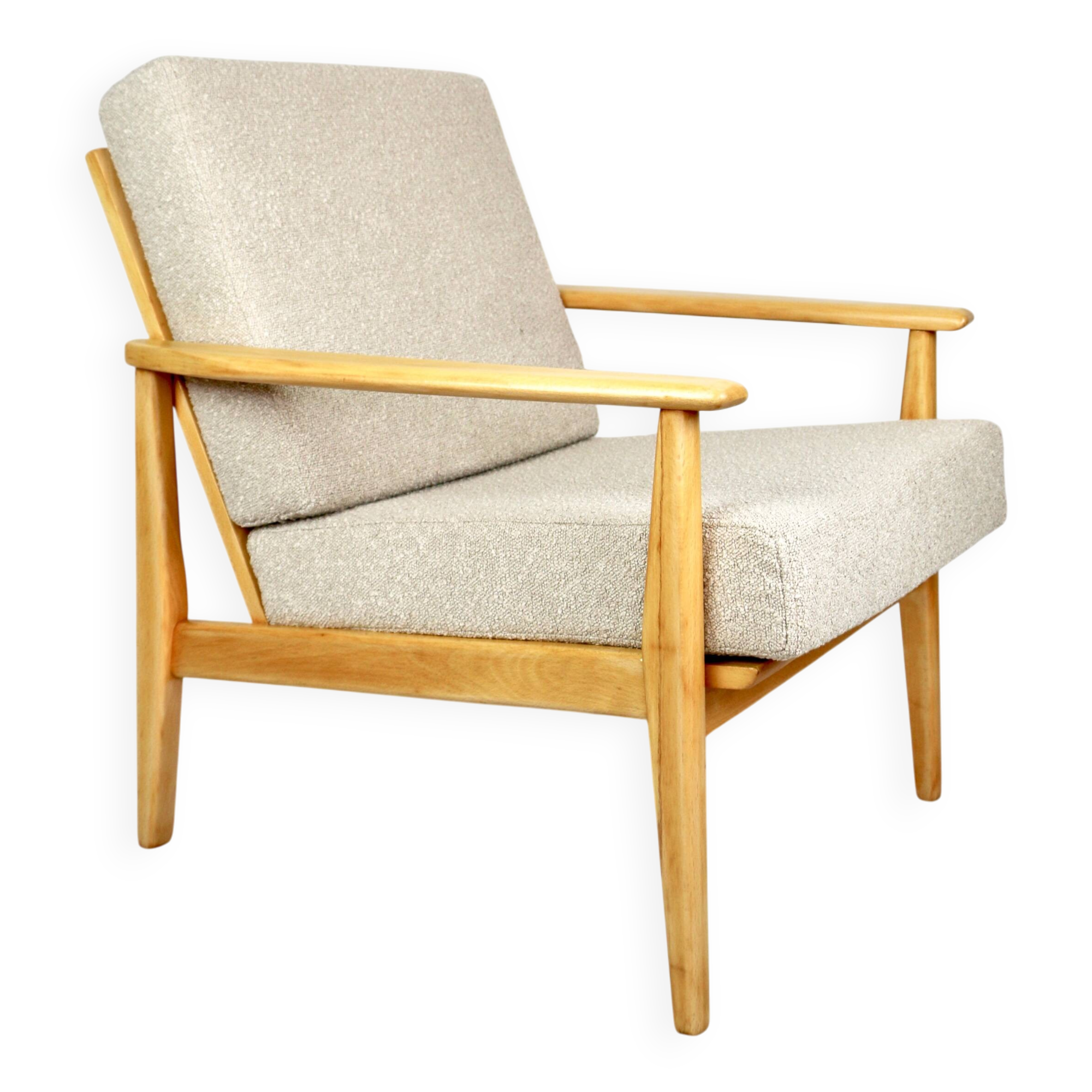 Vintage Danish armchair, 1970s, beige boucle - light wood - 2 pieces available