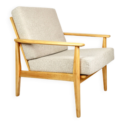 Fauteuil danois vintage, années 1970, tissu bouclé beige - bois clair - 2 exemplaires disponibles