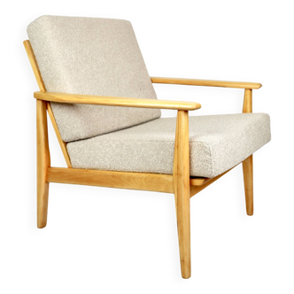 Vintage Danish armchair, 1970s, beige boucle - light wood - 2 pieces available