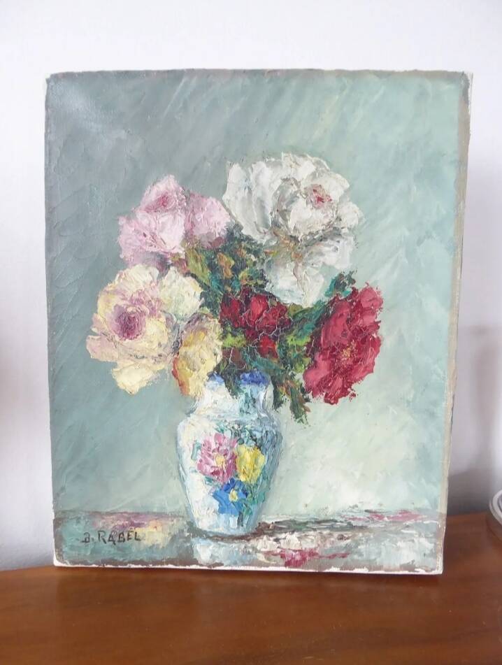 Painting oil on canvas bouquet of flowers signed b. rabel