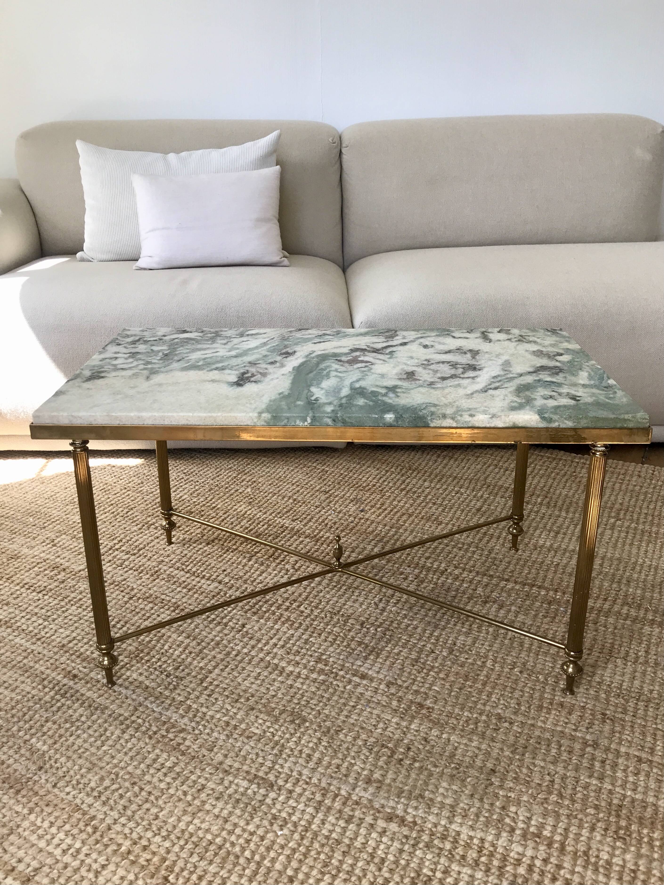 Coffee table in brass and green marble