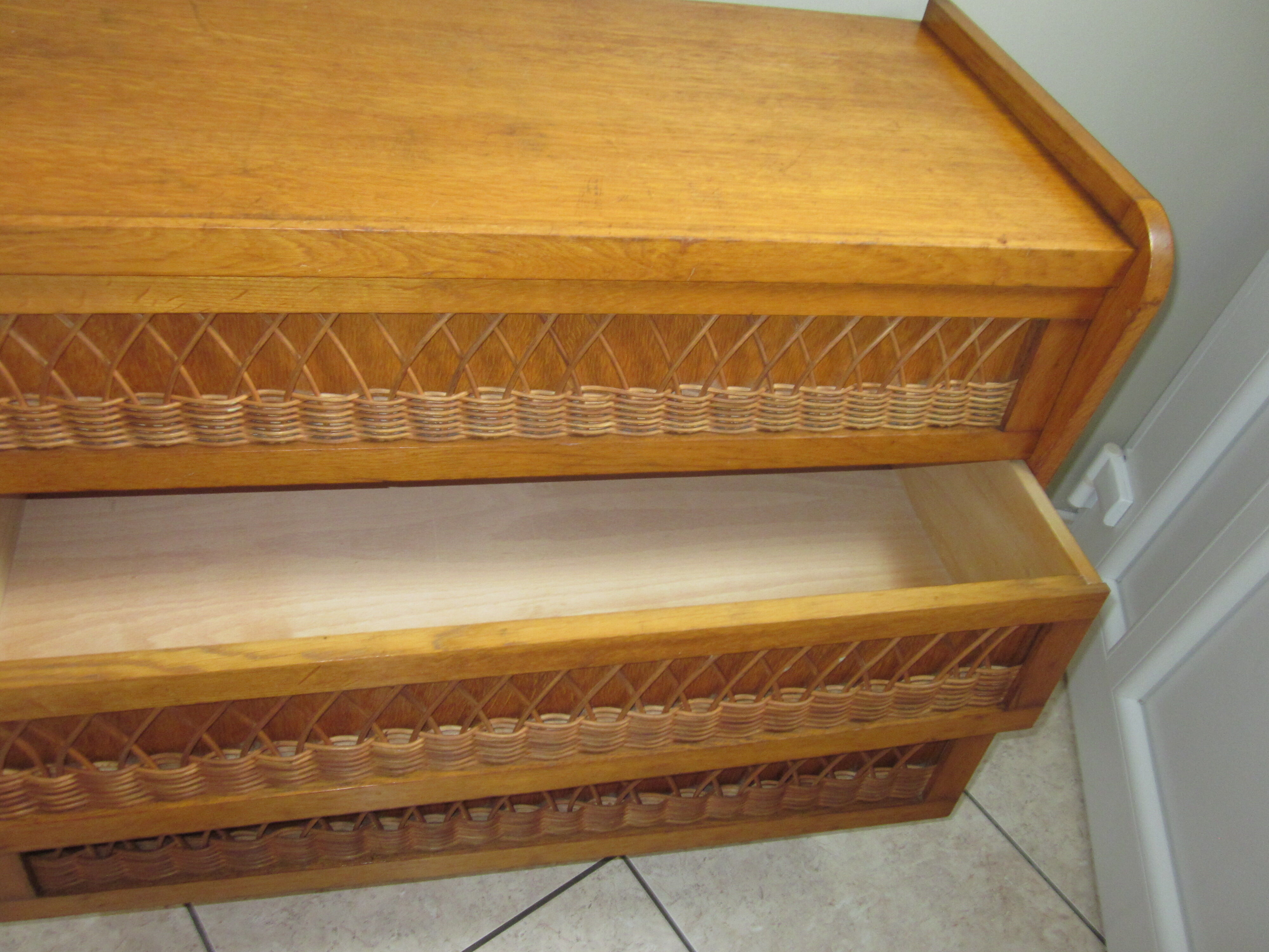 Vintage wood and rattan dresser