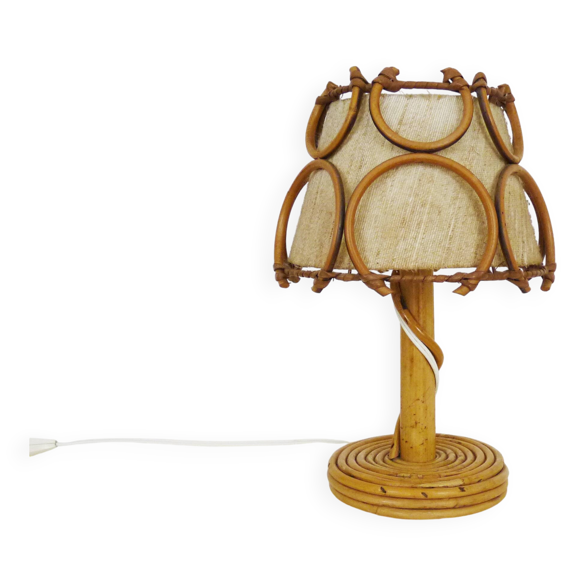 Bedside lamp, table lamp in rattan, bamboo Louis Sognot. 50s