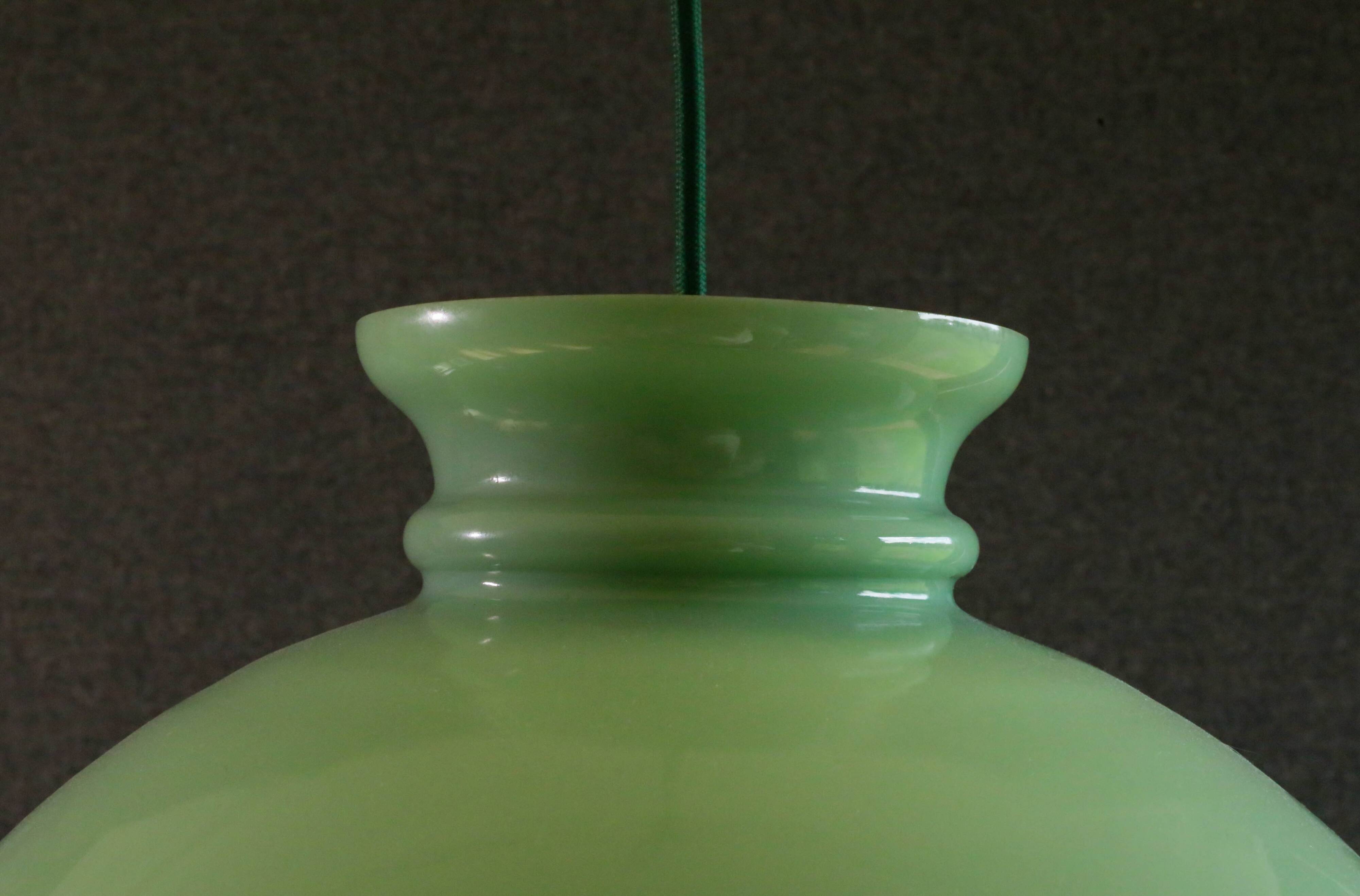 Old semi-round opaline pendant light in green glass - large model - circa 1950