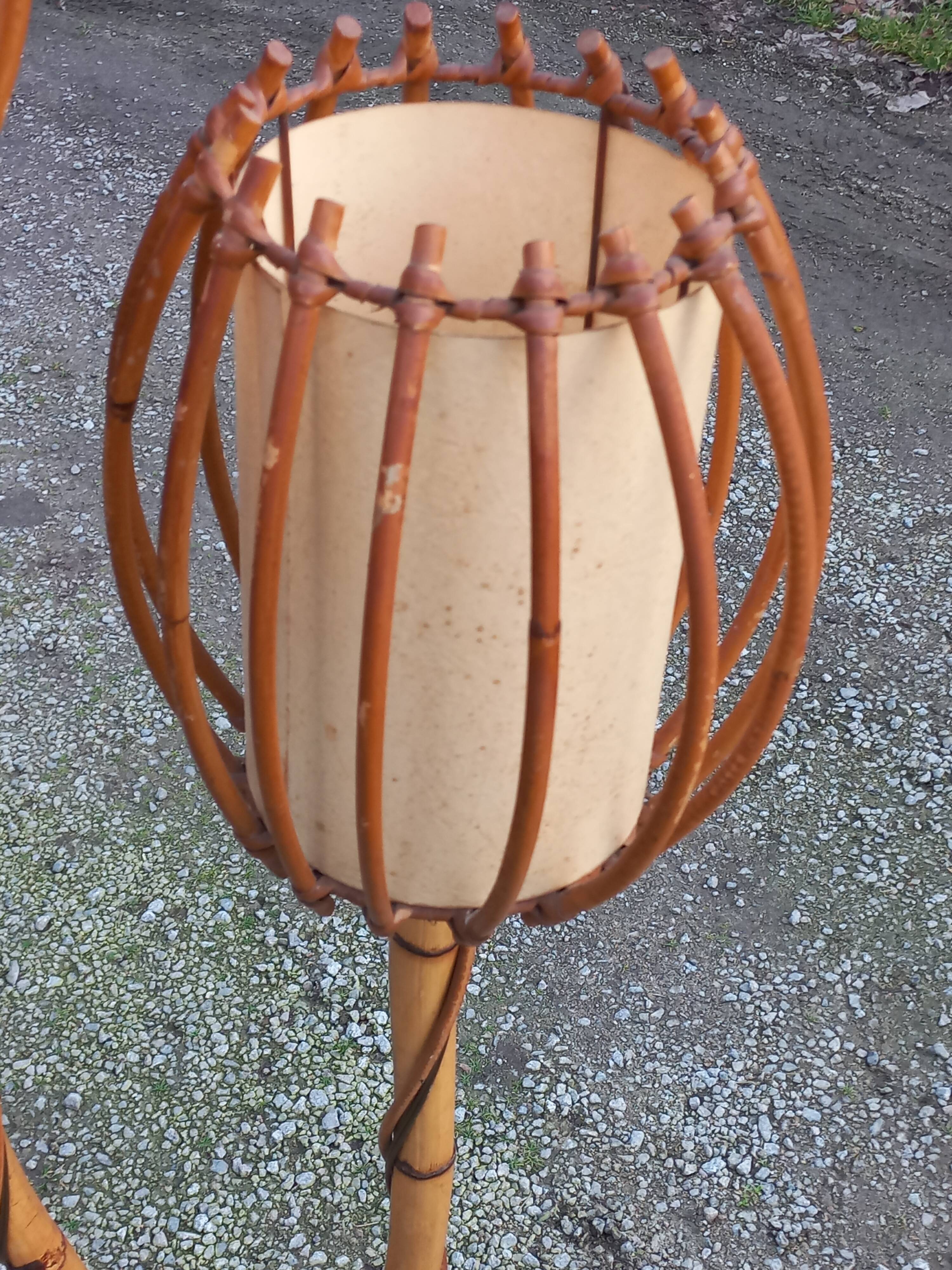 Bamboo and rattan floor lamp 2 lights from the 70s