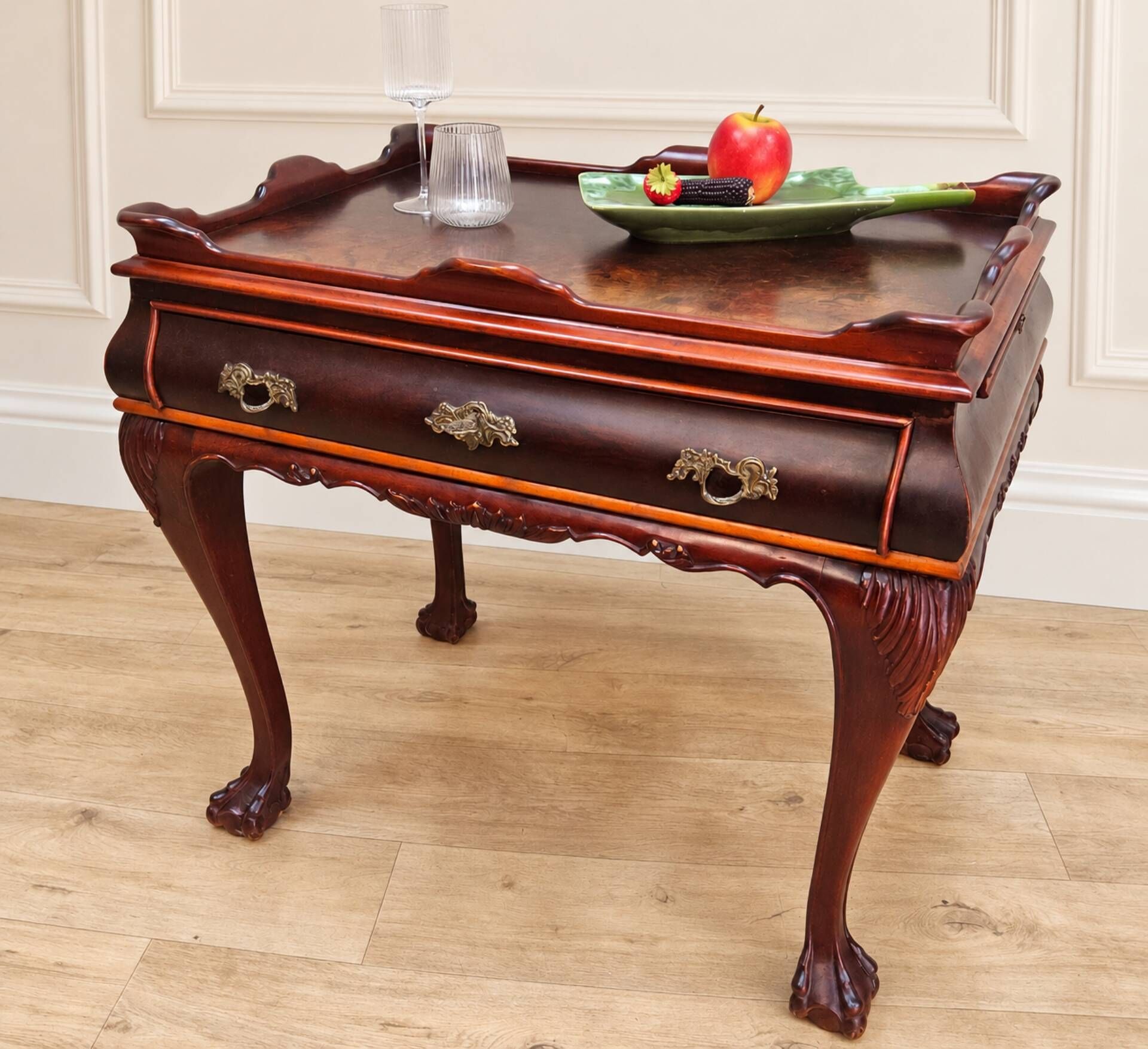 Antique walnut side table / tea table with drawer, shelves