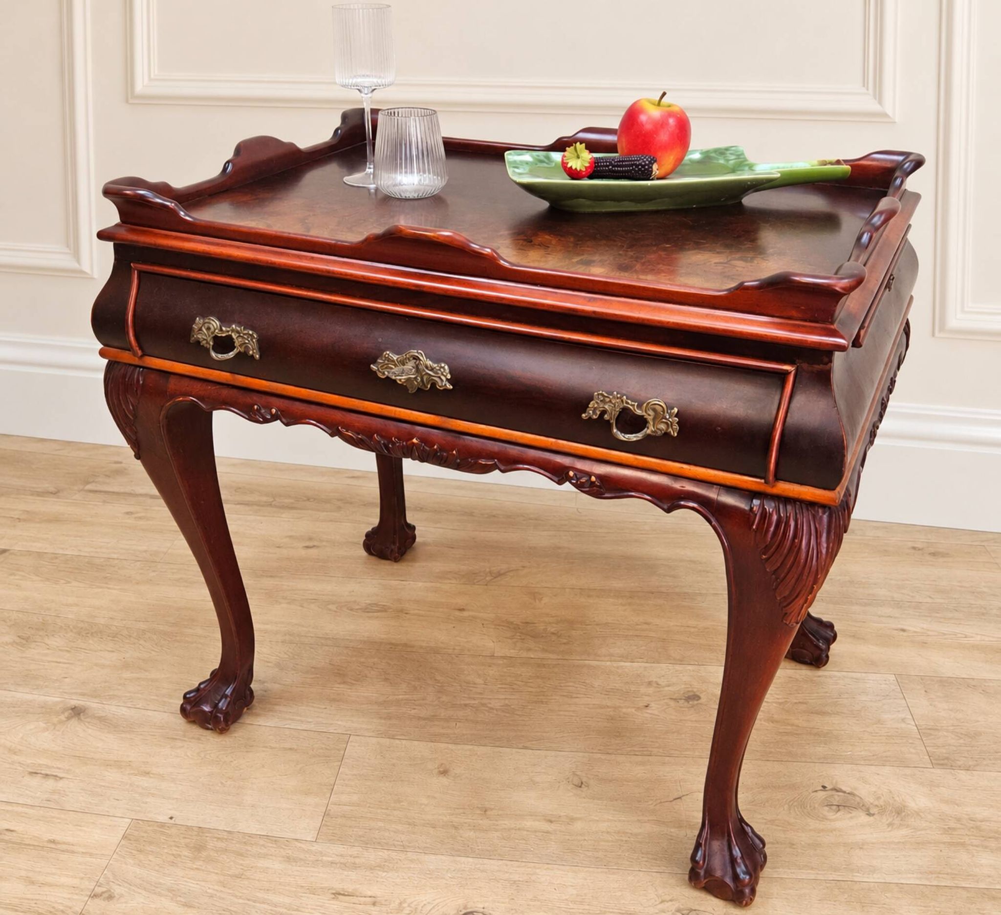 Antique walnut side table / tea table with drawer, shelves