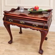 Antique walnut side table / tea table with drawer, shelves