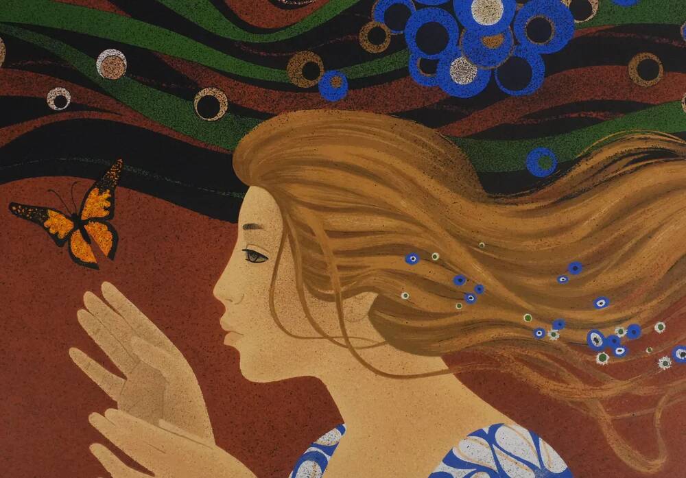Yves Ganne: The Woman with the Butterfly, original signed lithograph