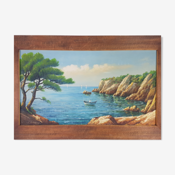 Paysage de bord de mer Méditérranée Calanques huile sur panneau , signée, des années 50. encadrée.