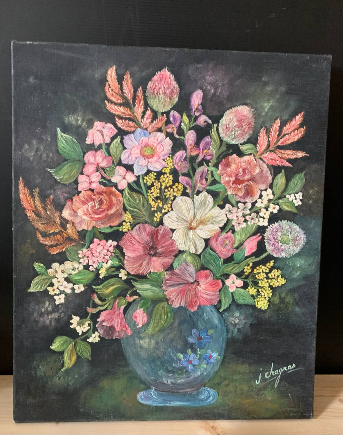 Oil on canvas bouquet of pink flowers