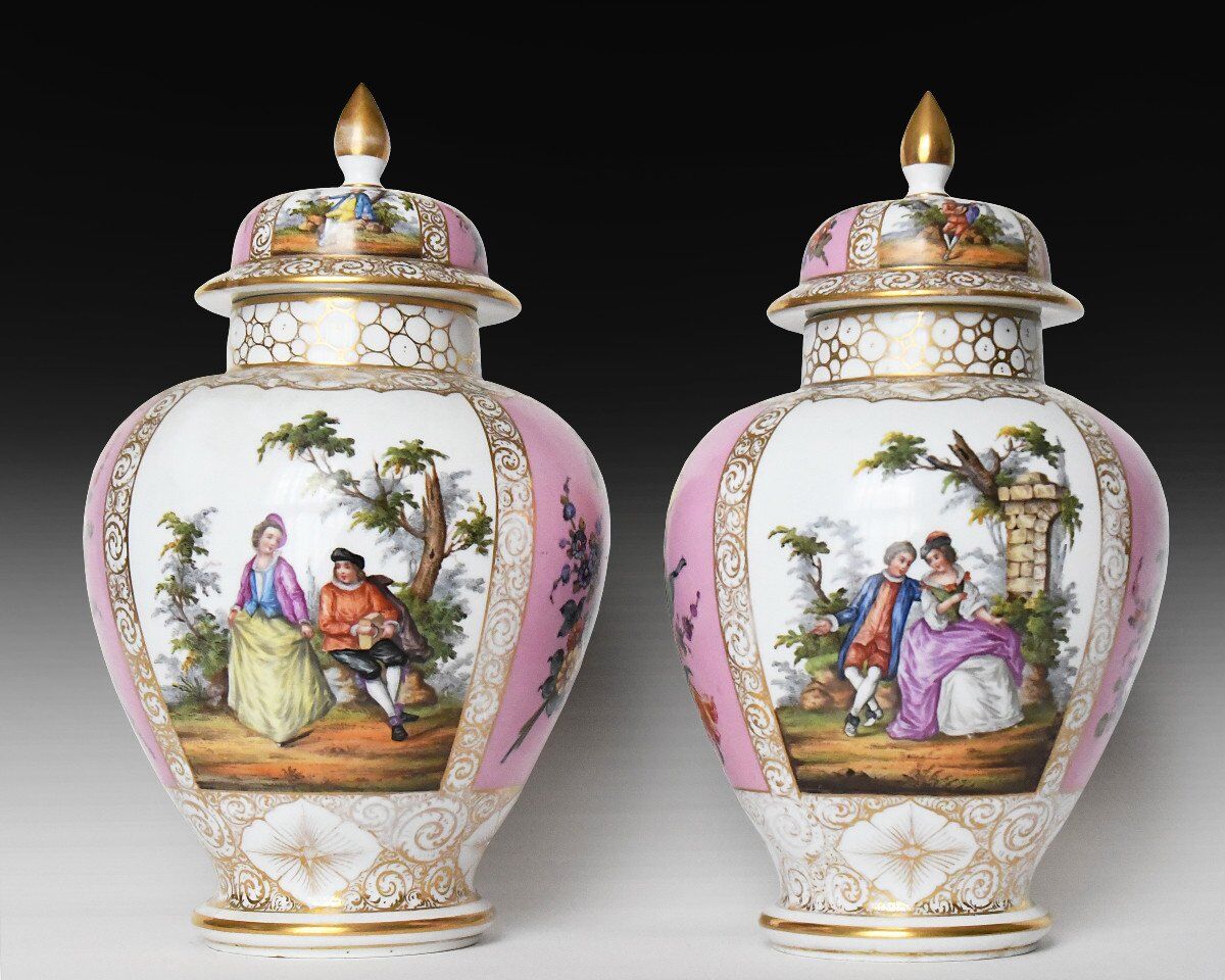 Pair of covered Dresden porcelain vases from Helena Wolfsohn's studio