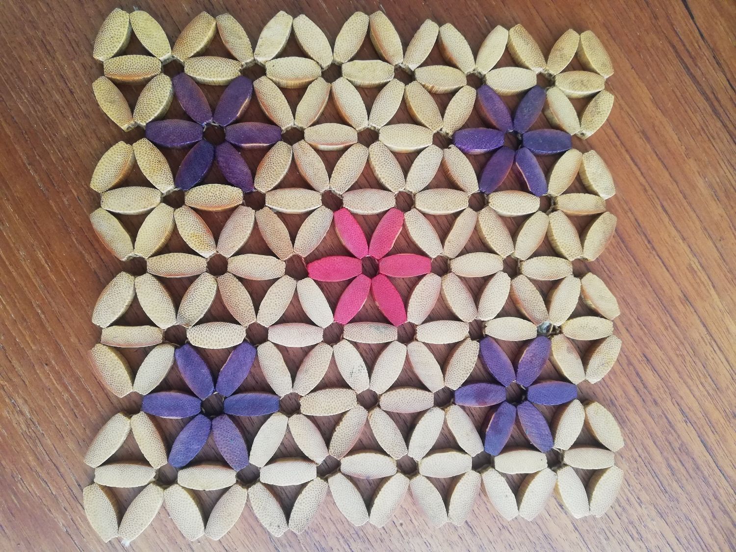 Vintage flower coaster beige purple and pink wood beads