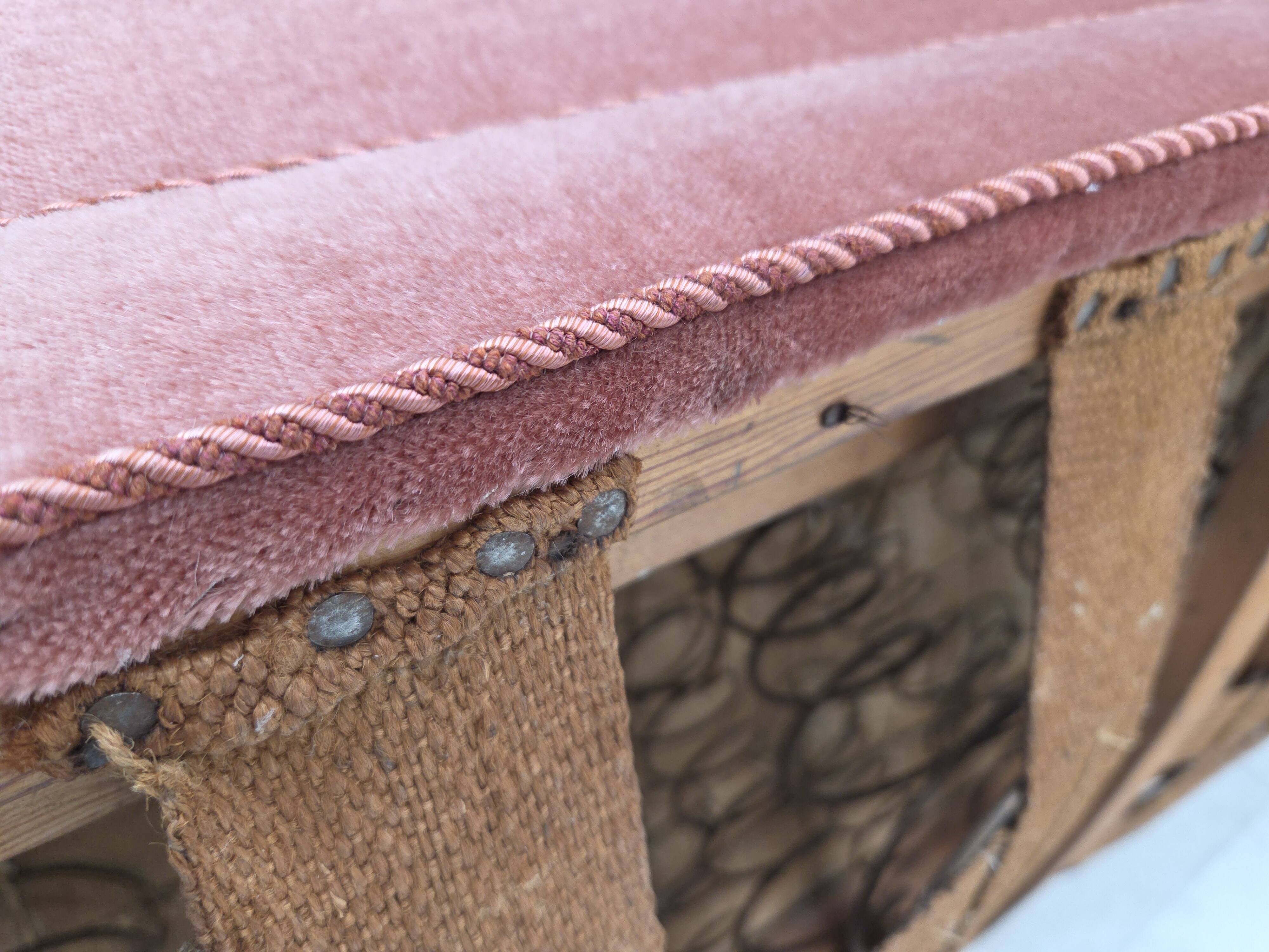 1950s, Danish 2-seater sofa, salmon pink furniture velour, oak wood legs.