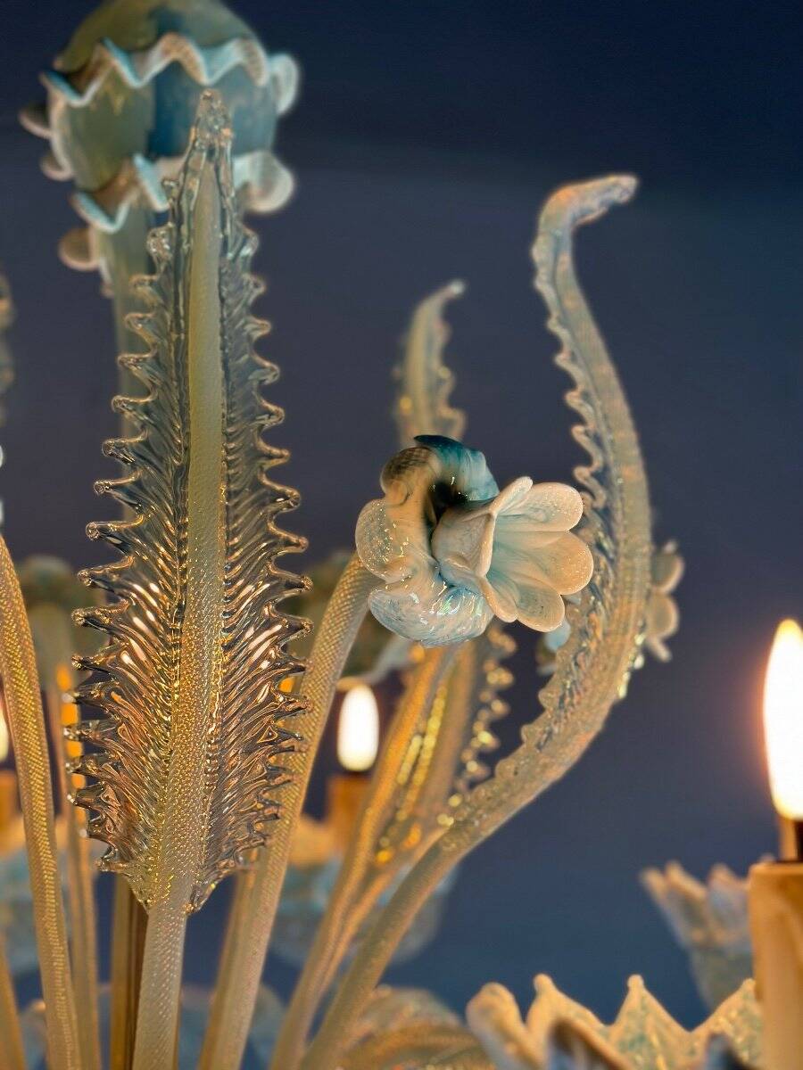 Venetian Chandelier In Murano Glass Two Tones Of Blue, Circa 1940, 8 Arms Of Light