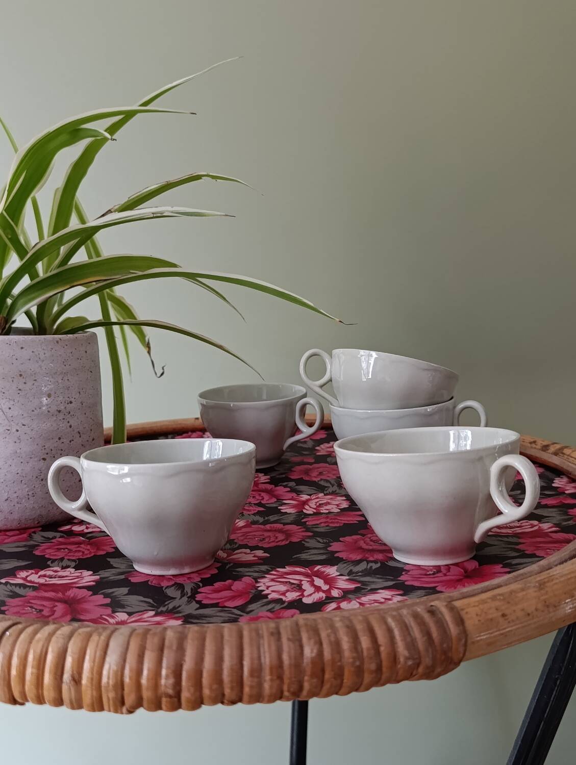 5 pale green cups | almond petals | Grindley England 1950