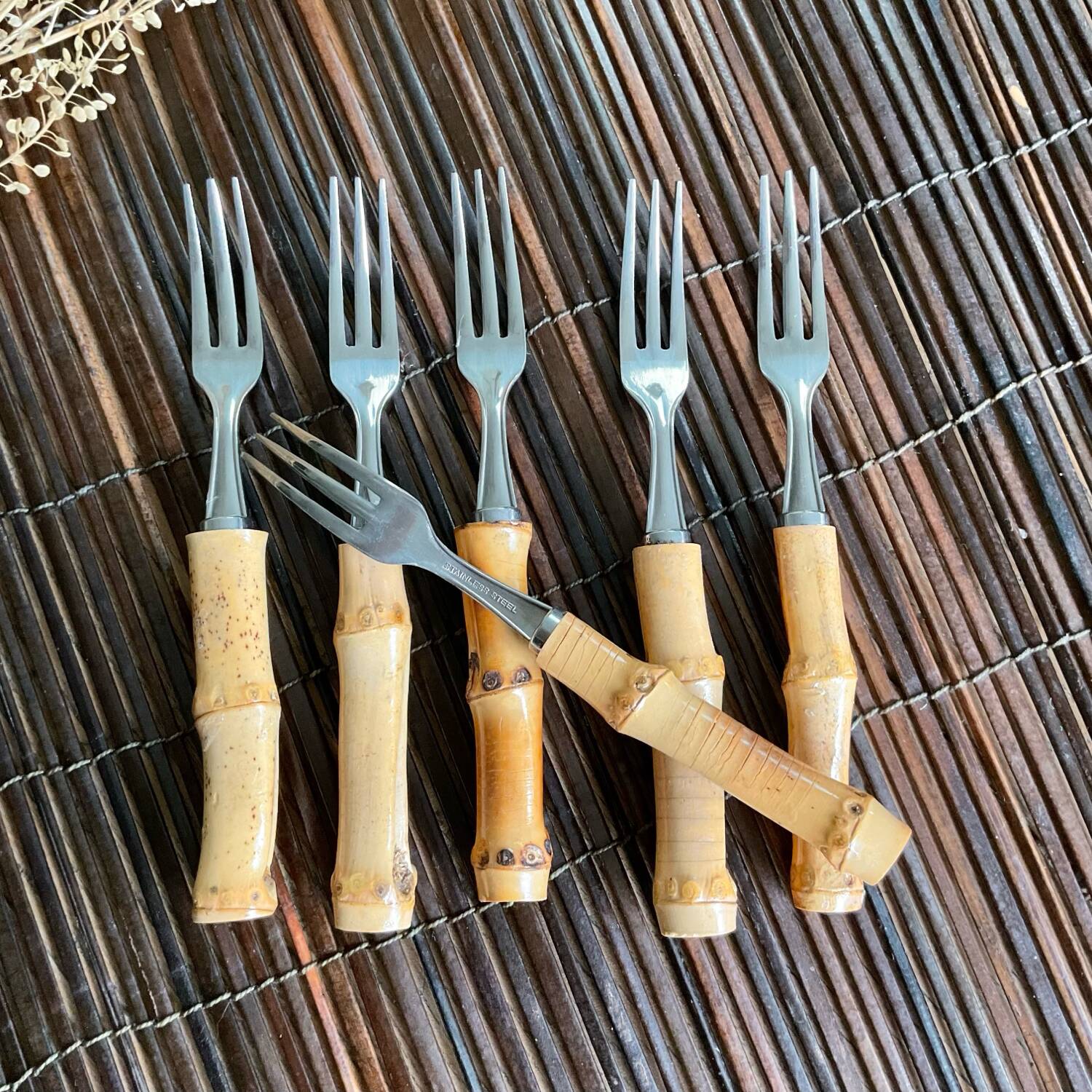6 small vintage bamboo forks