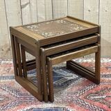 Set of 3 teak nesting tables from the 1970s, tiled top