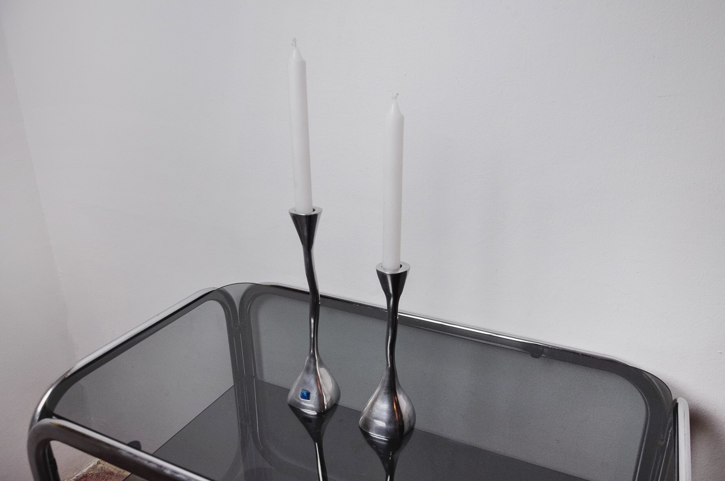 Pair of zigzag candle holders, solid aluminum and polished stone, art3, Spain, 1970