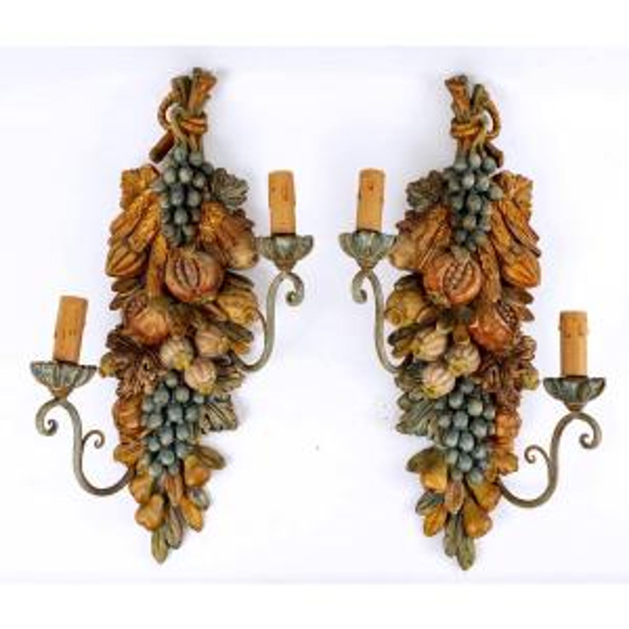 Pair of polychrome wood wall lamps - period : art nouveau - circa 1900