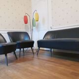 Living room sofa 2 black leather armchairs